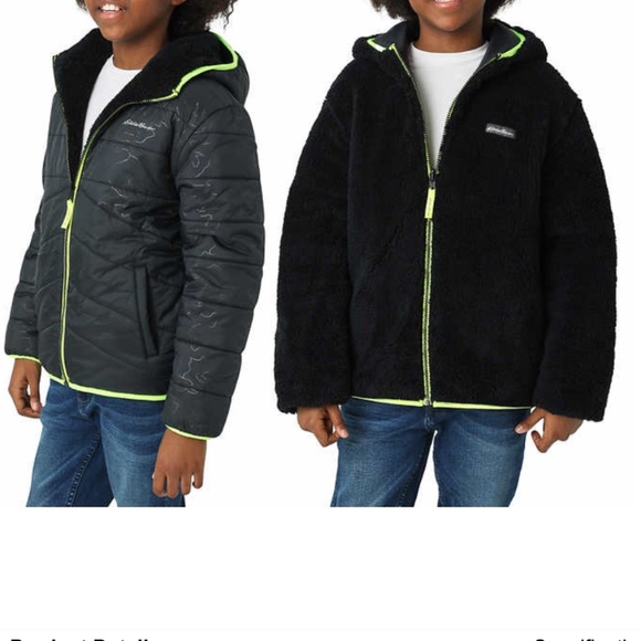 Eddie Bauer Reversible Fuzzy Fleece Jacket Black Neon Yellow Trim Medium 10-12 - Picture 1 of 15